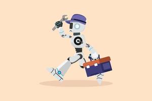 Business flat drawing robot mechanic repairman with tools is running. Technical service. Plumber with wrench toolbox run forward. Humanoid robot cybernetic organism. Cartoon design vector illustration