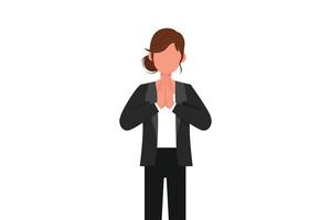 Business flat cartoon style drawing businesswoman in closed eyes praying hands together. Trendy person holding palms in prayer. Human emotion, body language gesture. Graphic design vector illustration