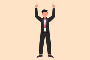 Business design drawing happy businessman standing with both hands pointing index fingers up. Worker celebrates salary increase from company. Success business. Flat cartoon style vector illustration