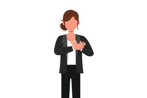 Business flat cartoon style drawing businesswoman keeping hands on chest. Female suffering from chest pain or heart attack. Health care. Emotion and body language. Graphic design vector illustration