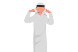 Business flat drawing young Arabian businessman covering ears with fingers with annoyed expression for the noise of loud sound or music while eyes closed. Cartoon style draw design vector illustration