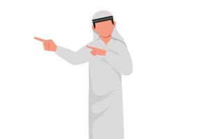 Business design drawing Arab businessman pointing away hands together and showing or presenting something while standing and smiling. Emotion and body language. Flat cartoon style vector illustration