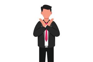 Business design drawing standing businessman with crossing arms and saying no gesture. Male manager making X shape, stop sign with hands and negative expression. Flat cartoon style vector illustration