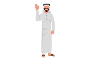 Business flat cartoon style drawing Arab businessman standing and rejecting something with stop hand gesture. Strict boss showing stop gesture sign with palm hand. Graphic design vector illustration