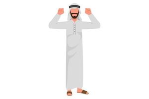 Business flat drawing active Arabian businessman shows two biceps or fist up. Male manager shows strong, win, victory gesture. Power success and positive emotions. Cartoon design vector illustration