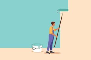 Business flat drawing professional handyman painting wall with roller. Home repair, decoration, renovation, freshen up. Active repairman painter professional work. Cartoon design vector illustration