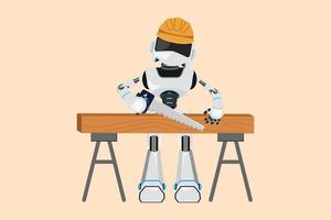 Business flat drawing robot carpenter repairman sawing boards. Building, construction, repair work service. Real estate, housing. Humanoid robot cybernetic organism. Cartoon design vector illustration