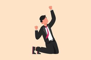 Business design drawing happy businessman kneeling with raised one hand high and raised other. Male manager celebrate success business project or achievement. Flat cartoon style vector illustration