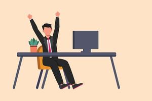 Business flat drawing happy businessman sitting with raised hands near table and computer. Office worker celebrates salary increase. Success business achievement. Cartoon design vector illustration