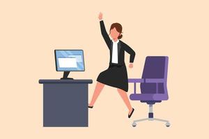 Business design drawing happy businesswoman jumping and dancing on her workplace. Cute female manager celebrating success of increasing company's product sales. Flat cartoon style vector illustration