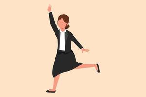 Business flat cartoon style drawing happy businesswoman jumping with spreads both legs and raises one hand. Worker celebrate achievement of increasing product sales. Graphic design vector illustration