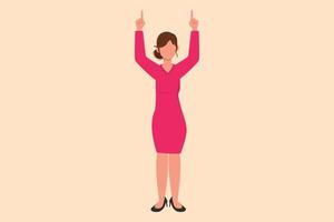 Business flat drawing happy businesswoman standing with both hands pointing index fingers up. Beauty worker celebrate salary increase from company. Success business. Cartoon design vector illustration