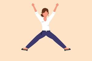 Business flat drawing happy businesswoman jumping with spread his arms and legs. Office worker celebrate success company project. Joyful manager achieve goal target. Cartoon design vector illustration