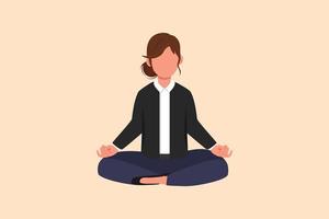 Business design drawing relaxed businesswoman doing yoga and resting from busy work. Worker sitting in yoga pose, meditation, relaxing, calm down, manage stress. Flat cartoon style vector illustration