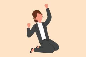 Business flat drawing happy businesswoman kneeling with raised one hand high and raised other. Female manager celebrating success business project or achievement. Cartoon design vector illustration