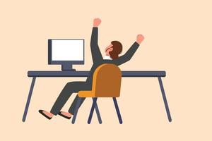 Business flat cartoon style drawing back view of happy businesswoman completed task and triumphing with raised hands on desk, workplace. Successful business project. Graphic design vector illustration