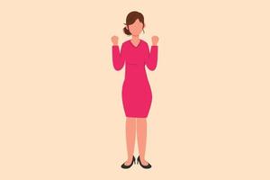Business design drawing happy beauty businesswoman standing with yes gesture. Cheerful office worker celebrate success achievement of company business project. Flat cartoon style vector illustration