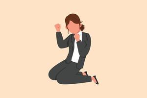 dibujo de dibujos animados planos de negocios mujer de negocios feliz arrodillada con gesto de ambas manos sí. el trabajador celebra el aumento salarial de la empresa. objetivo comercial de éxito. ilustración vectorial de diseño gráfico