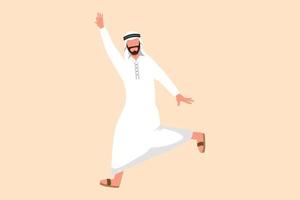 Business flat drawing happy Arab businessman jumping with spreads both legs and raises one hand. Executive manager celebrate achievement of increasing product sales. Cartoon design vector illustration