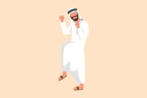 dibujo de estilo de dibujos animados planos de negocios feliz hombre de negocios árabe de pie con una pierna doblada y gesto de sí. gerente ejecutivo celebrando el éxito del nuevo proyecto empresarial. ilustración vectorial de diseño gráfico