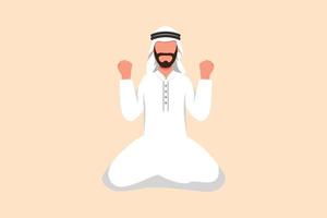 Business design drawing happy Arabian businessman kneeling with yes gesture. Manager celebrating success of increasing company achievement, target, sales, goals. Flat cartoon style vector illustration