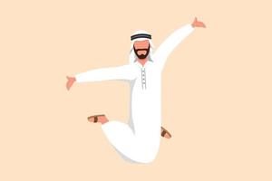 dibujo plano de negocios feliz hombre de negocios árabe salta con las piernas levantadas y los brazos extendidos. gerente masculino celebrando el éxito de aumentar las ventas o el objetivo de productos de la empresa. ilustración vectorial de diseño de dibujos animados vector