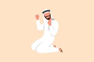 Business flat drawing happy Arabian businessman kneeling with yes gesture. Office worker celebrates salary increase benefits from company. Success business target. Cartoon design vector illustration