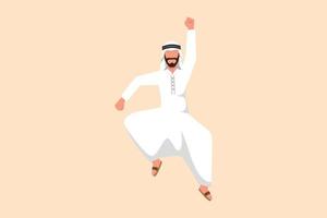 dibujo de estilo de dibujos animados planos de negocios feliz hombre de negocios árabe salta con los pliegues de una pierna y levanta una mano. el gerente celebra el éxito de aumentar las ventas de productos de la empresa. ilustración vectorial de diseño gráfico vector