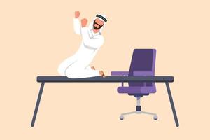 Business design drawing happy Arab businessman kneeling with celebrating goal pose on table desk. Office worker celebrate success of company financial project. Flat cartoon style vector illustration