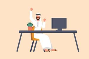 Business design drawing happy Arab businessman sitting near desk with raised one hand high and raised the other. Worker celebrates success business achievement. Flat cartoon style vector illustration