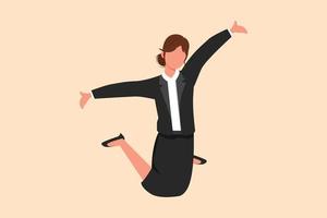Business design drawing happy businesswoman jump with raised legs and spread arms. Cute female manager celebrating success of increasing company's product sales. Flat cartoon style vector illustration