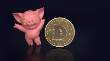 pink color pig with doge coin Digital currency. Cryptocurrency doge the new virtual money Close up 3D render of golden dogecoin photo