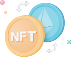 concept de transfert d'argent crypto-monnaie nft 3d par technologie blockchain, arrière-plan futuriste. bundles cash et échange de pièces flottantes sur fond bleu. concept de société sans numéraire en rendu 3d png