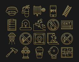 set of gold fire safety icons vector