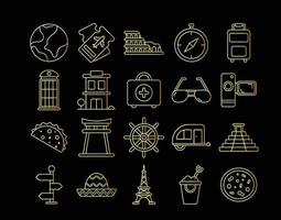 conjunto de iconos de investigación de viajes de oro vector