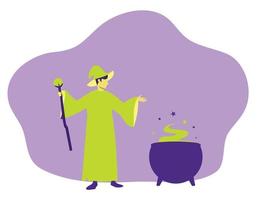 sorcerer brewing magic potion in pot flat vector illustration