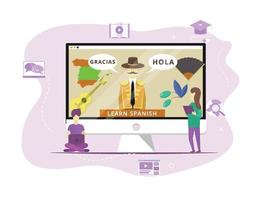 Two people learn spanish online flat design vector