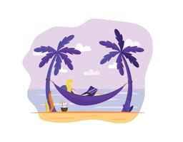 Girl with laptop lies in hammock under palm trees with cocktail vector