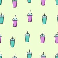 Seamless pattern Smoothie to go take away or freshly squeezed juice, a glass with a lid and a straw. Doodle vector illustration drink