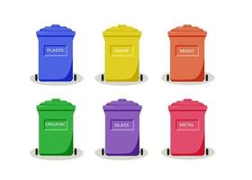 A set of colored garbage cans, a container for sorting waste, zero waste recycling, vector illustration