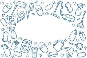 Doodle style vector cleaning elements. A set of drawings of cleaning products and items. Room washing kit