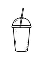 Smoothie to go take away or freshly squeezed juice, a glass with a lid and a straw. Doodle vector illustration drink.