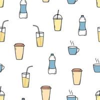 Seamless pattern of hot and cold drinks. Vector illustration background of water, coffee, juice, smoothies