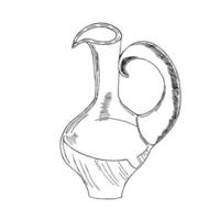 Sketch of a jug with oil. Vector illustration drawn by hand. Design template. Illustration of healthy food. The frame is made of olive oil.