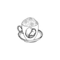una taza de café capuchino en un platillo con granos de café. vector