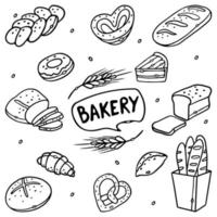 Bread and pastries. Bakery Products Outline Hand-drawn Doodles Set Vector Illustration.