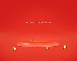 Realistic red product podium on the background with golden shapes Vector