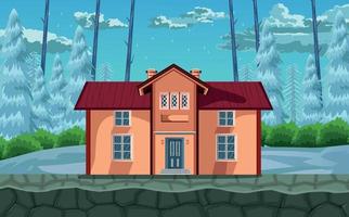 vector de dibujos animados de fondo de juego, casa en un bosque helado