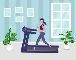 Image of a girl on a treadmill at home.  Vector illustration.