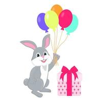 Cute cartoon white rabbit with balloons sits next to the gift Vector illustration